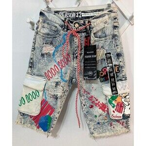 Men's Reason 32 Streetwear Popeye Jean Shorts Premium Denim Blue Multicolor